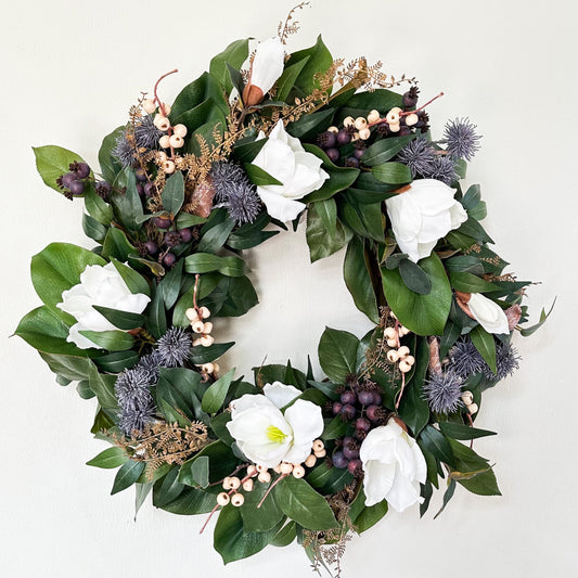 Magnolia Wreath with Thistle and Cream Berries for All Seasons