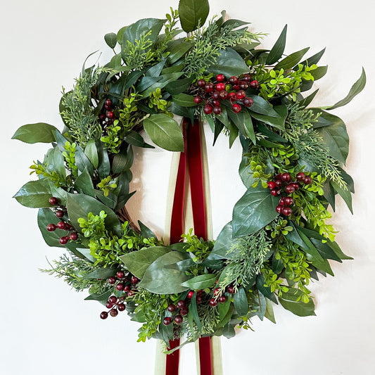 Christmas Boxwood Wreath with Red Berries and Red Velvet Ribbon