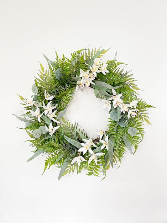 Tropical Wreath with White Orchids for Front Door, Everyday Eucalyptus and Fern Wreath, Spring Summer Porch decor, Luau Party Decorations