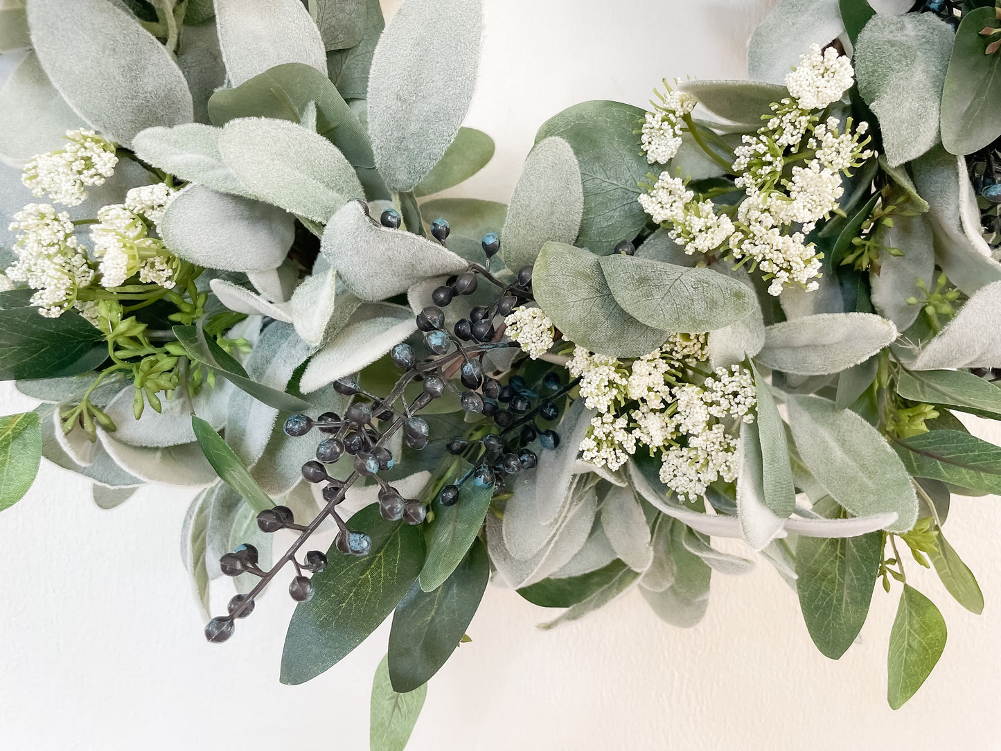 Lambs Ear Wreath w/Blue Berries, Eucalyptus and White Flower Wreath, Every Day Wreath for Front Door, Fall & Winter Wreath, Year Round Decor