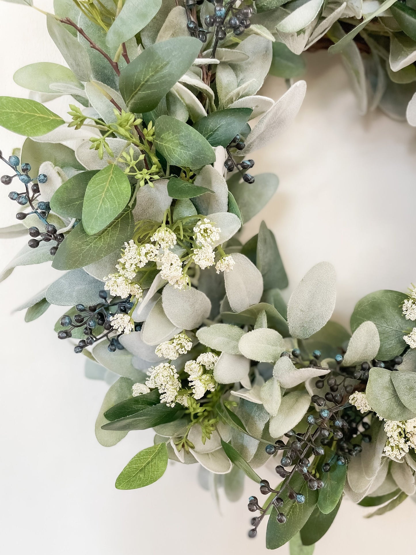 Lambs Ear Wreath w/Blue Berries, Eucalyptus and White Flower Wreath, Every Day Wreath for Front Door, Fall & Winter Wreath, Year Round Decor