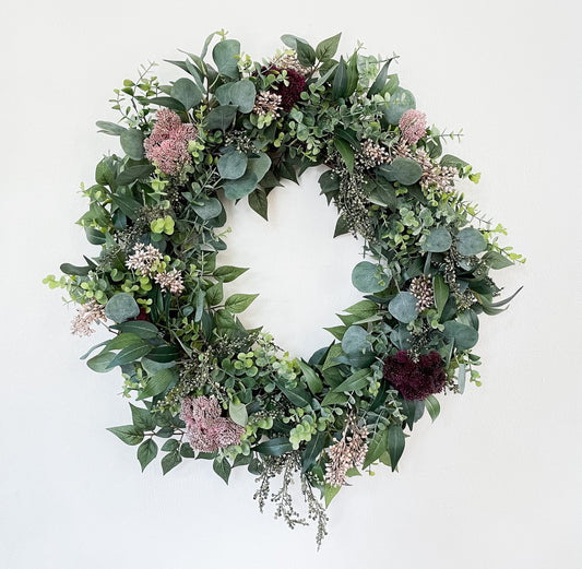Faux Wreath for Front Door with Berries, Everyday Greenery Wreath, Spring & Summer Wreath, Green, Pink, Moody Mauve Artificial Floral Wreath