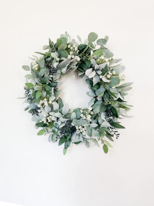 Lambs Ear Wreath with Blue Berries, Eucalyptus and White Flower Wreath, Every Day Wreath for Front Door, Spring and Summer Decor, Year Round