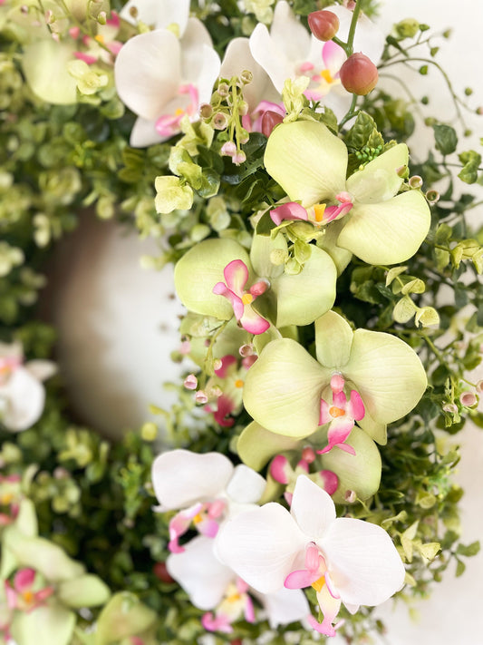 Summer Wreath with Orchids, Eucalyptus and Berries for Front Door, Tropical Island Wreath, Coastal Grandmother Decor, Spring Everyday Wreath