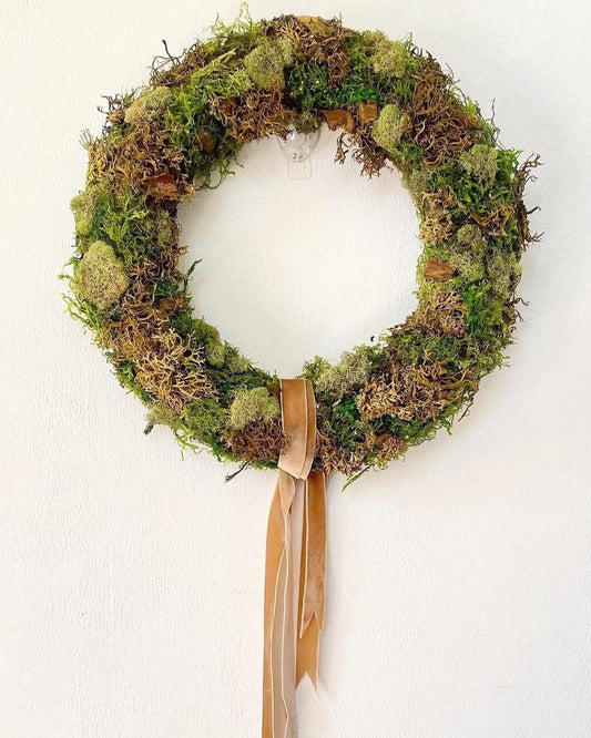 Preserved Moss Wreath with Gold Velvet Ribbon for Everyday or Spring, Natural Easter Decor, All Seasons Front Door Wreath