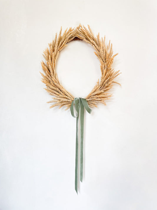 Wheat Wreath with Green Velvet Bow, Dried French Wreath for Indoors, Laurel Wreath Classic Style, Fall Wreath Front Door Decor, Minimalist