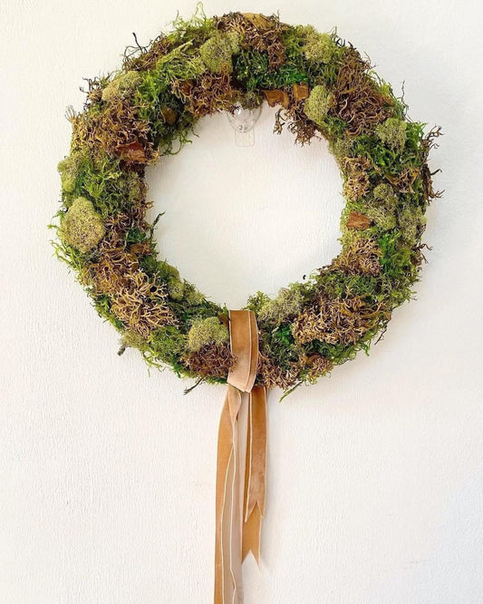Preserved Moss Wreath with Gold Velvet Ribbon for Everyday or Spring, Natural Easter Decor, All Seasons Front Door Wreath