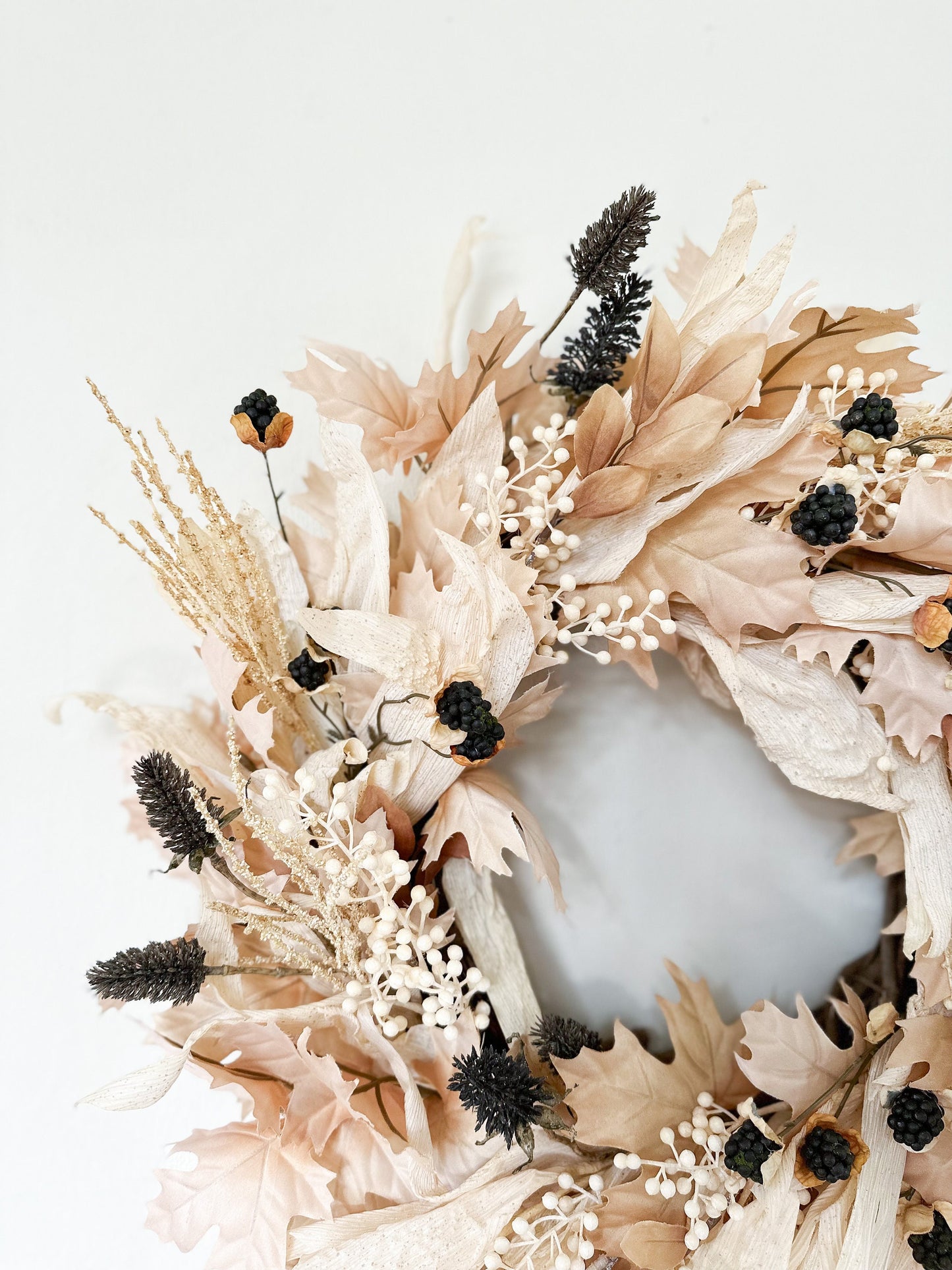 Neutral Fall Harvest Wreath with Berries and Thistle for Front Door, Elegant Halloween Wreath w/ Corn Husks, Autumn Maple Leaves Wreath