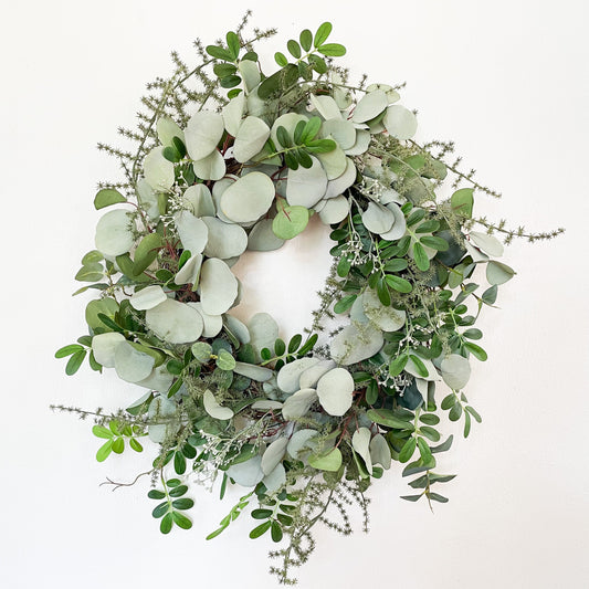 Faux Greenery Everyday Wreath, Artificial Fall Wreath Porch Decor, Year Round Front Door & Indoor Wreath, Cottagecore Decor, Fake Eucalyptus