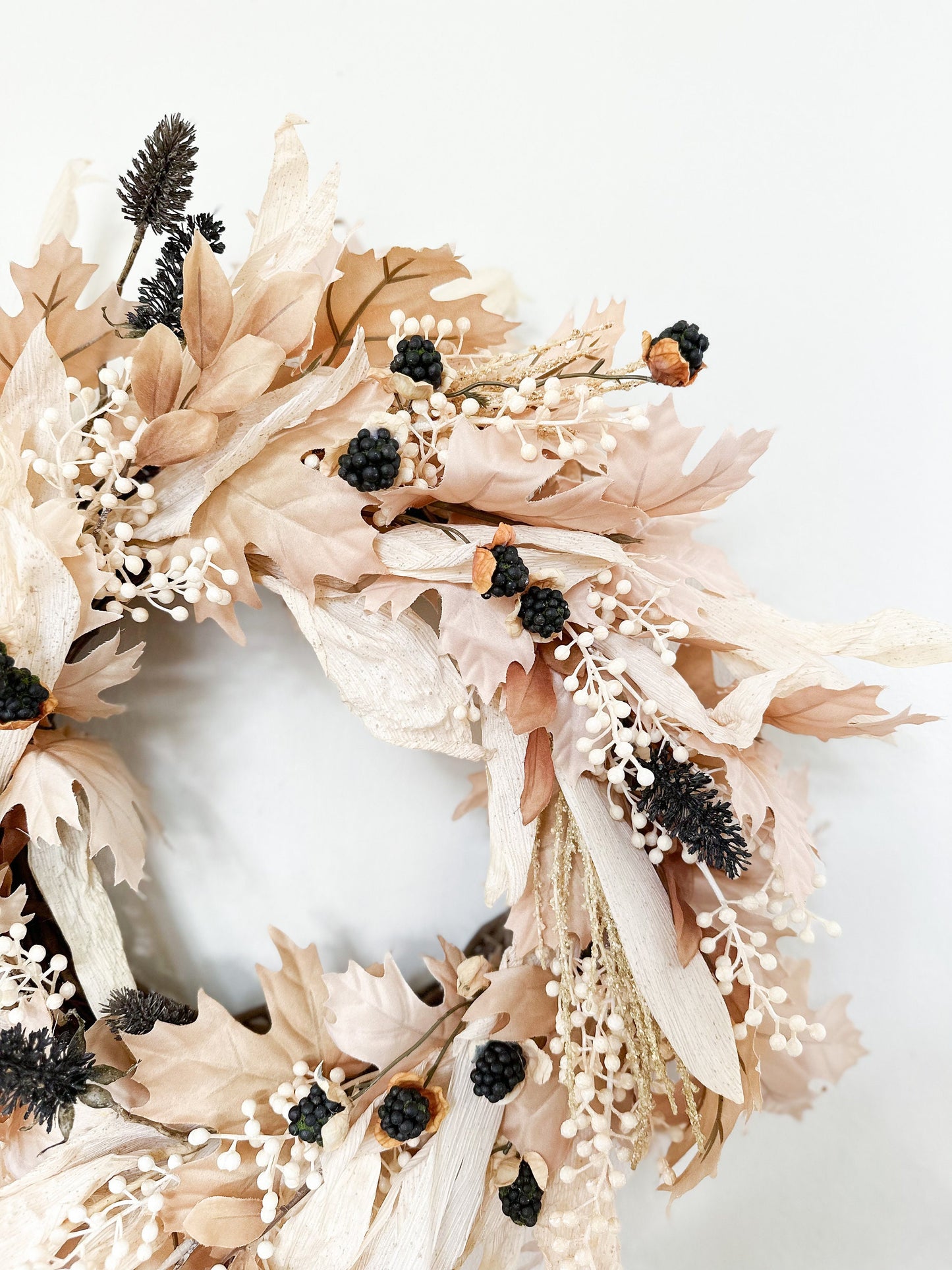 Neutral Fall Harvest Wreath with Berries and Thistle for Front Door, Elegant Halloween Wreath w/ Corn Husks, Autumn Maple Leaves Wreath