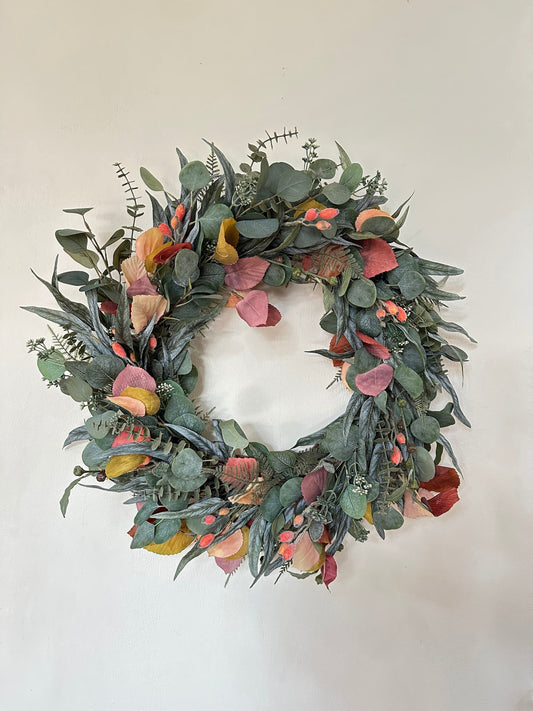 Large Fall Eucalyptus Wreath w/ Rose hips and Fern, Artificial Autumn Wreath for Front Door, Elegant Fall Wreath Decor for Fireplace Mantel