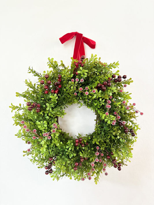 Valentine’s Day Boxwood Wreath with Red Berries and Velvet Ribbon