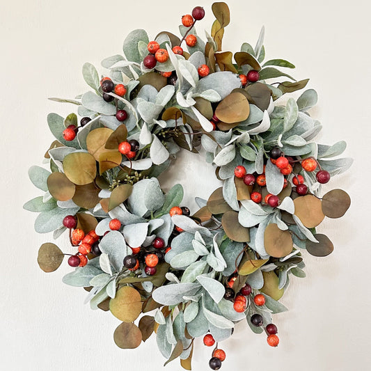 Lamb’s Ear Wreath with Eucalyptus & Red and Orange Berries for Fall Front Door Decor, Holiday Fireplace Mantel Decorations, READY TO SHIP