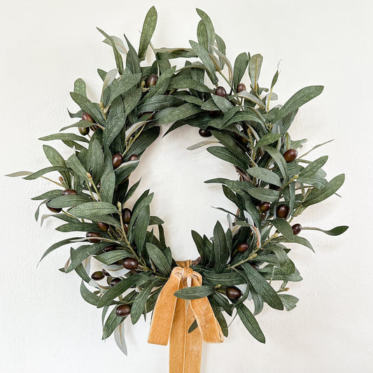 Olive Leaf Wreath w/ Gold Velvet Bow, French Style Wreath for Indoors, Classic Laurel Wreath, Everyday Wreath Front Door Decor, Minimalist