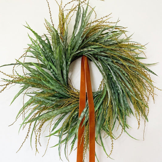 Wild Wreath with Artificial Greenery and Rust Velvet Ribbon, Elegant Seasonal Decorations for Mantel, Faux Xmas Wreath for Front Door Decor