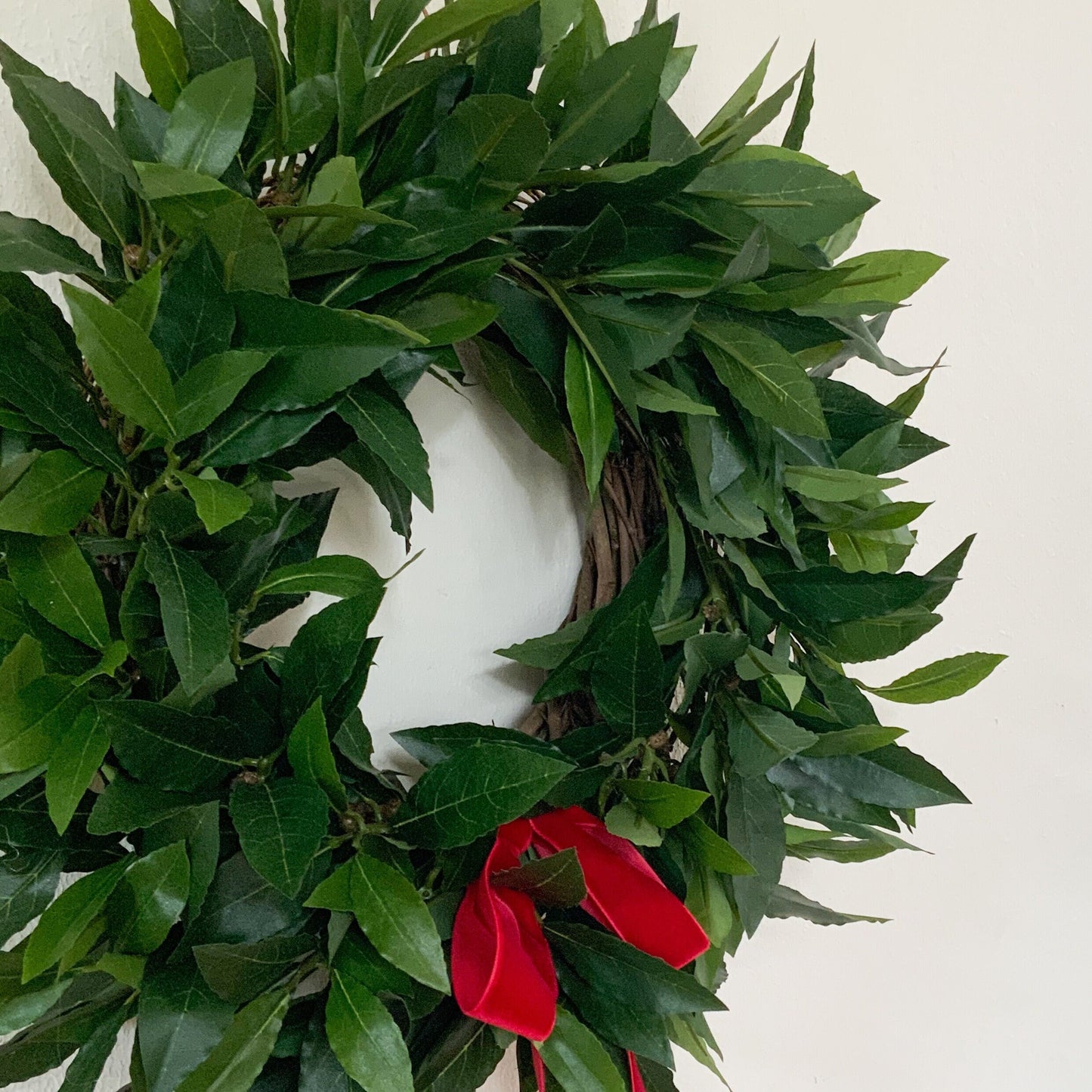 Elegant Christmas Wreath with Faux Greenery and Red Velvet Ribbon, Bay Wreath for Kitchen Decor, Simple Holiday Mantel Decorations, Indoors