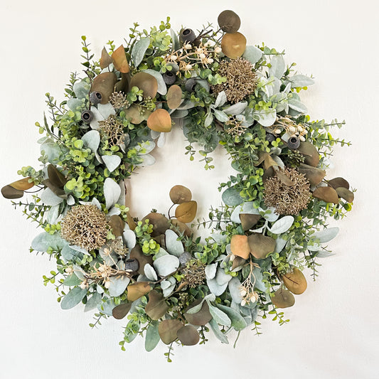 Large Fall Wreath w/Lamb’s Ear and Eucalyptus, Autumn Front Door Decor, Elegant Fall Wreath, Dried-Look Artificial Florals, Ready to Ship