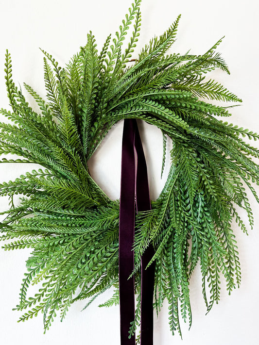Simple All Seasons Fern Wreath with Plum Velvet Ribbon