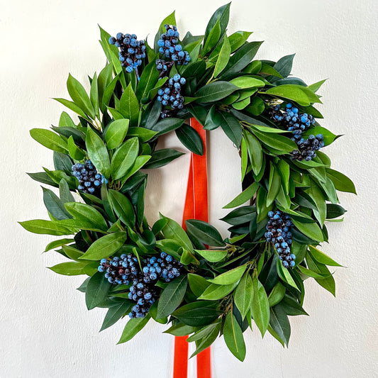 Faux Greenery Wreath with Blue Berries and Customizable Velvet Ribbon