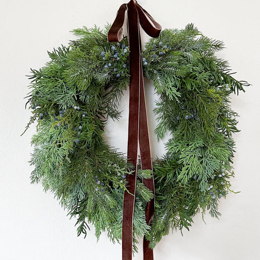Mixed Evergreen Christmas Wreath w/ Brown Velvet Ribbon, Modern Winter Wreath w/ Cedar & Juniper for Front Door, Holiday Seasonal Home Decor