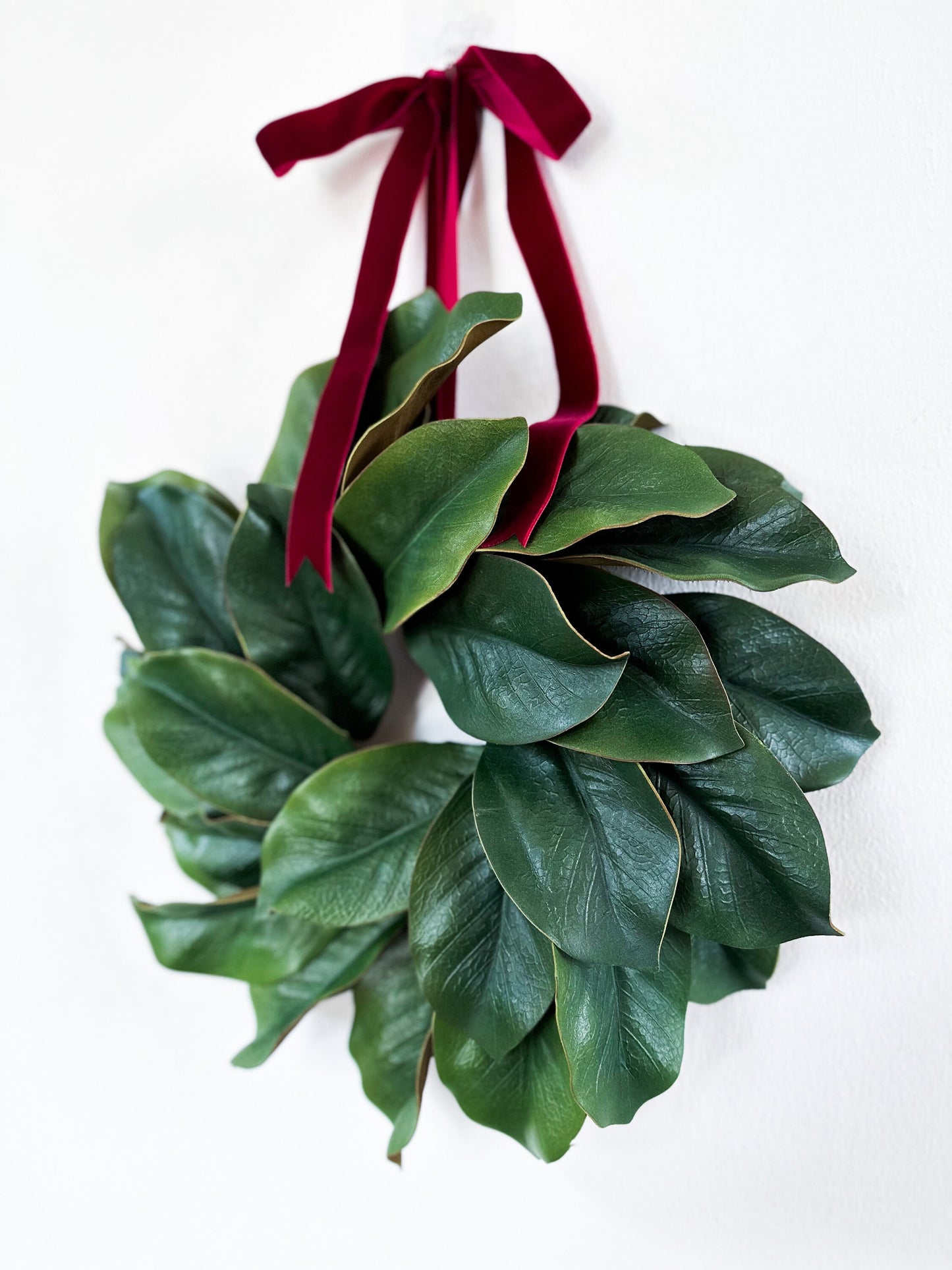 Mini Magnolia Wreath for Everyday or Christmas w/ Burgundy Velvet Bow, Faux Greenery Wreath for Everyday Gift, Small Wreath for Cabinets