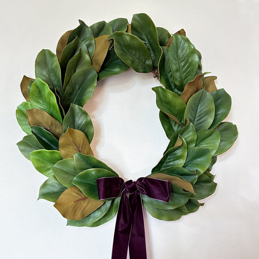 Magnolia Wreath for Front Door w/ Plum Purple Velvet Ribbon, Classical Laurel Wreath, Southern Magnolia Christmas Decor, Seasonal Decoration