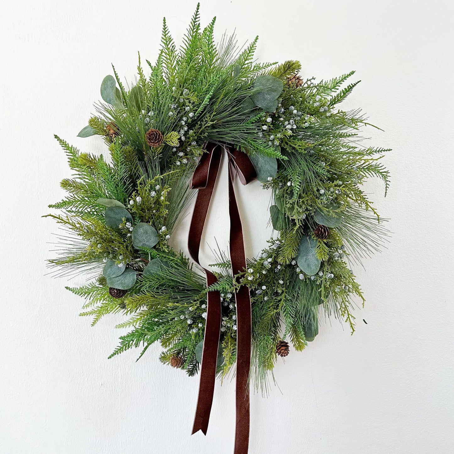 Classic Christmas Wreath w Brown Velvet Ribbon, Winter Evergreen Wreath w/ Pine and Cedar for Front Door, Traditional Seasonal Home Decor