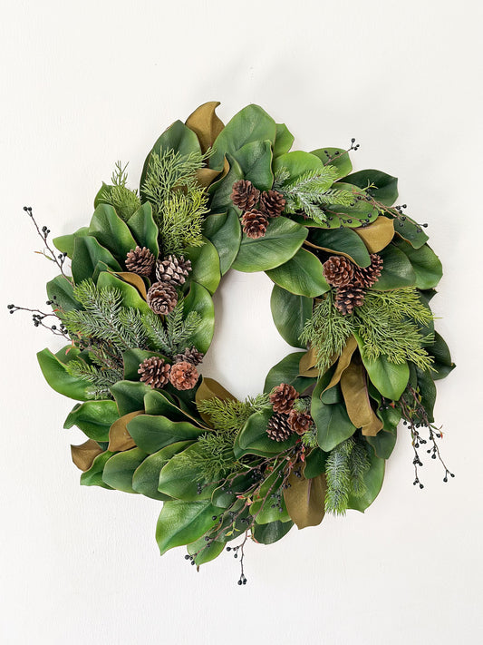 Christmas Wreath with Magnolia, Evergreen, and Pinecones, Magnolia Wreath for Front Door Holiday Decorations, Winter Magnolia Decor