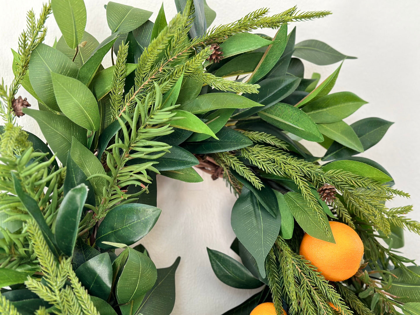 Christmas Orange Fruit Wreath with Norfolk Pine and Laurel Greenery