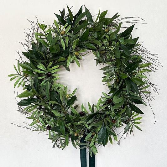 Simple Olive Wreath for Front Door with Bay Leaves and Customizable Velvet Bow