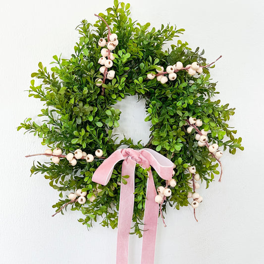 Valentine’s Day Boxwood Wreath w/ Cream Berries & Custom Velvet Ribbon, Simple Wreath Front Door, Everyday Wreath, Pink Baby Shower Decor