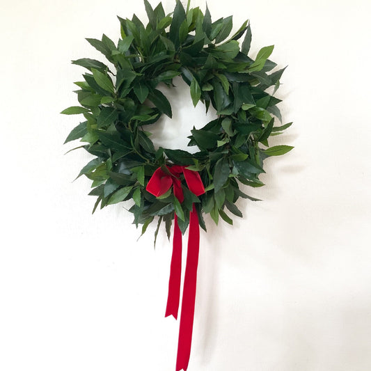 Elegant Christmas Wreath with Faux Greenery and Red Velvet Ribbon, Bay Wreath for Kitchen Decor, Simple Holiday Mantel Decorations, Indoors