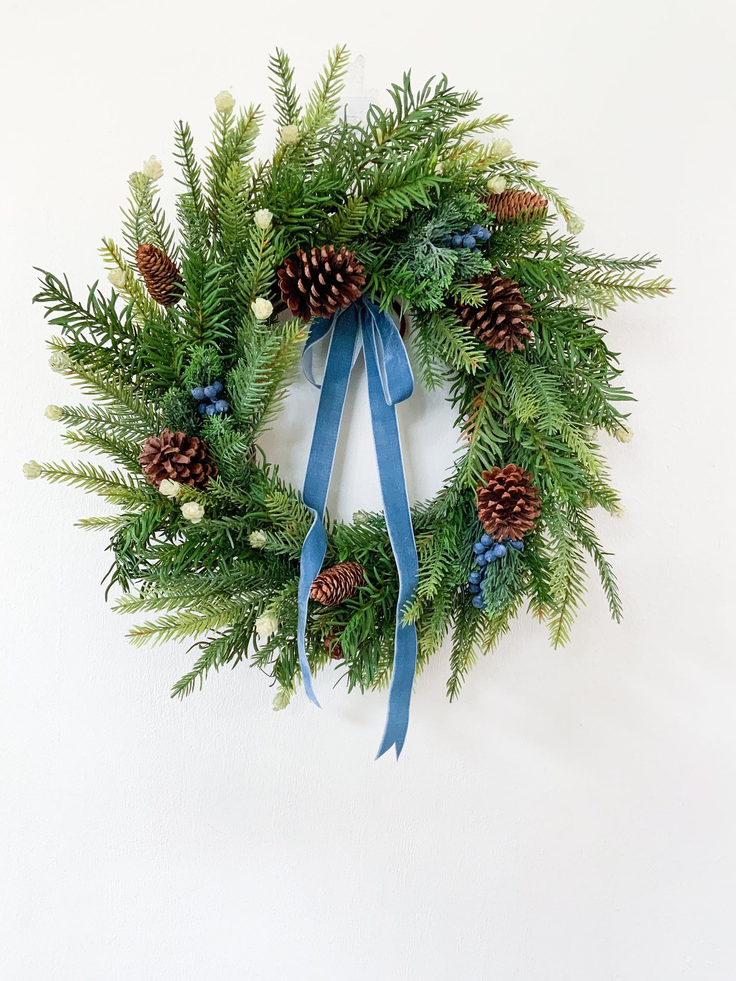 Classic Christmas Wreath w/ Blue Berries and Velvet Ribbon, Rustic Winter Evergreen Wreath w/ Pine for Front Door, Seasonal Home Decor,