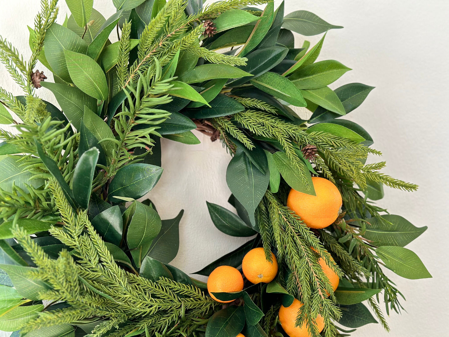 Christmas Orange Fruit Wreath with Norfolk Pine and Laurel Greenery