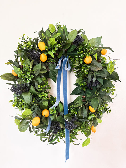 Lemon Wreath w/ Artificial Greenery & Velvet Ribbon, Everyday Faux Fruit Wreath for Front Door Decor, Year Round Wreath for Kitchen or Gift
