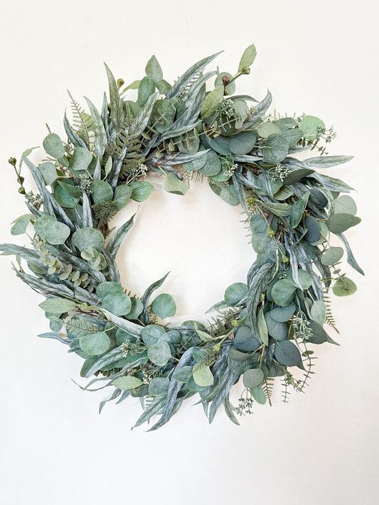 Mixed Eucalyptus Wreath w/ or without Velvet Bow, Everyday Wreath for Front Door, Classic Year Round Wreath, Artificial Greenery Wreath
