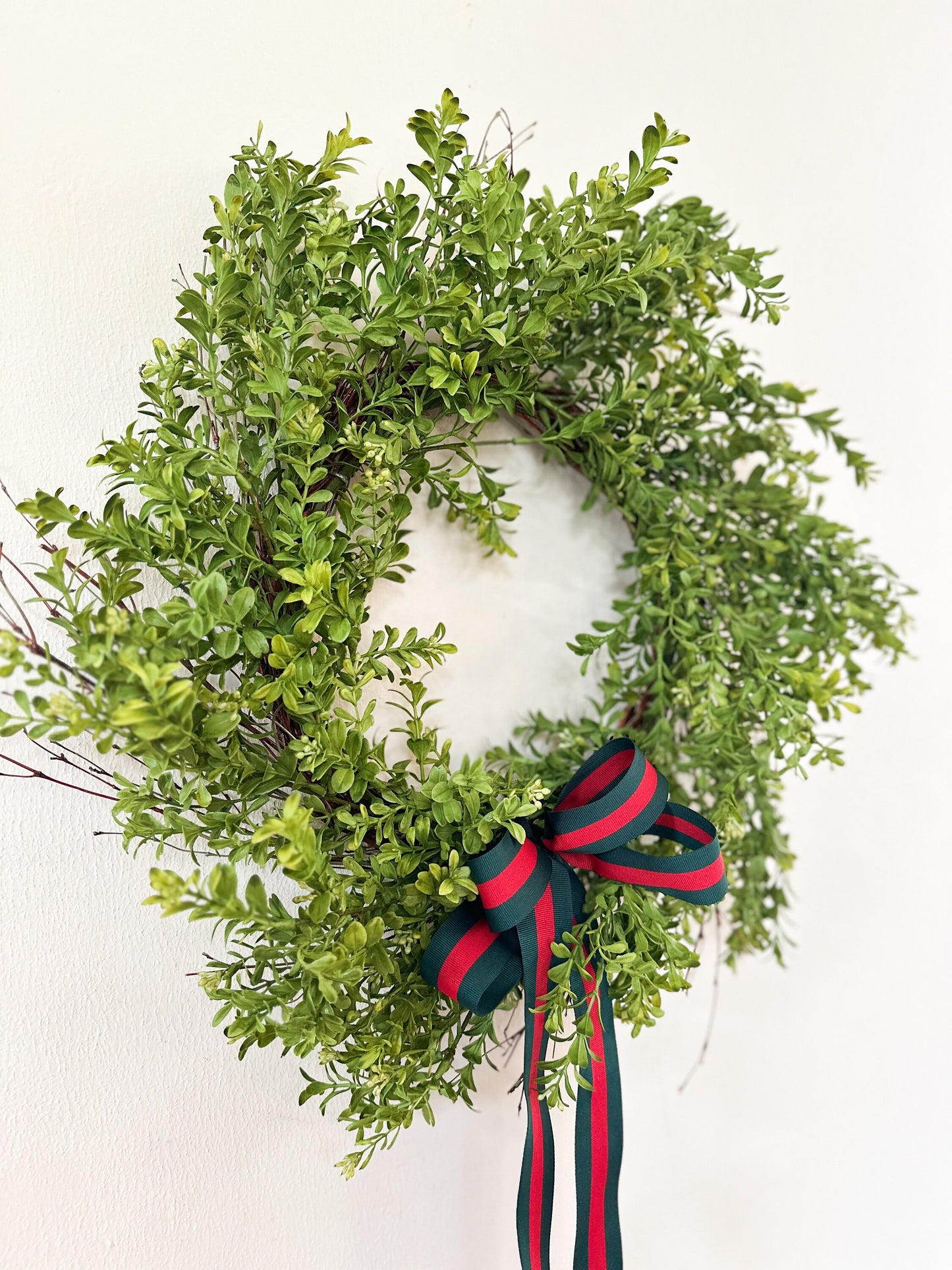 Faux Boxwood Wreath with Red and Green Striped Bow