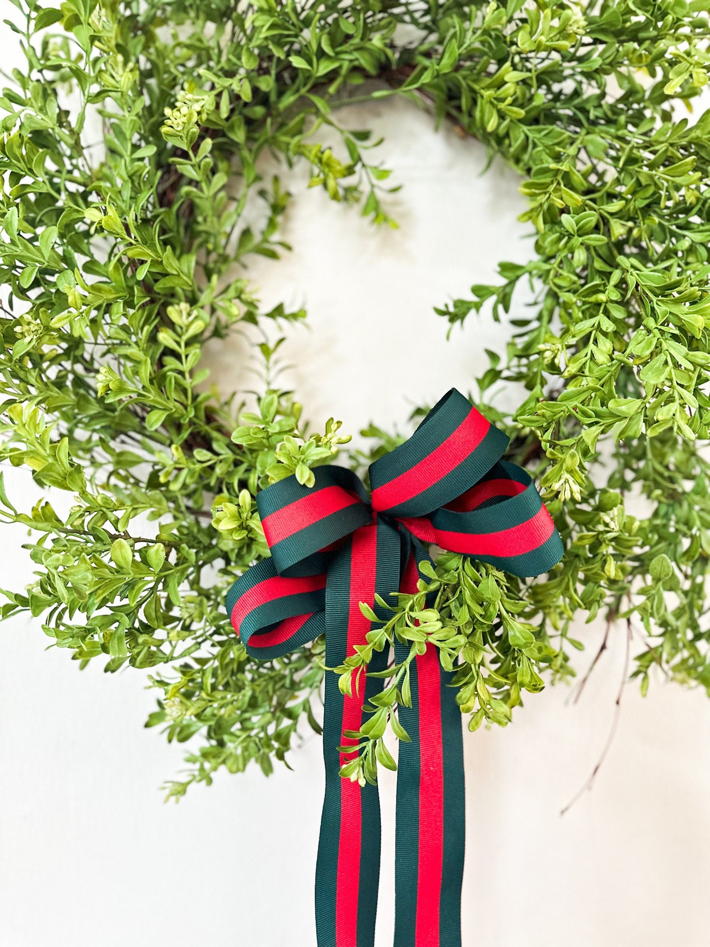 Faux Boxwood Wreath with Red and Green Striped Bow