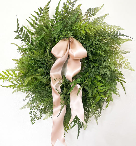 Fern Wreath with Pink Bow, Simple Front Door Wreath, Summer Wedding Wreath, Champagne Ribbon Bow, Elegant Year Round Wreath, Shower Decor
