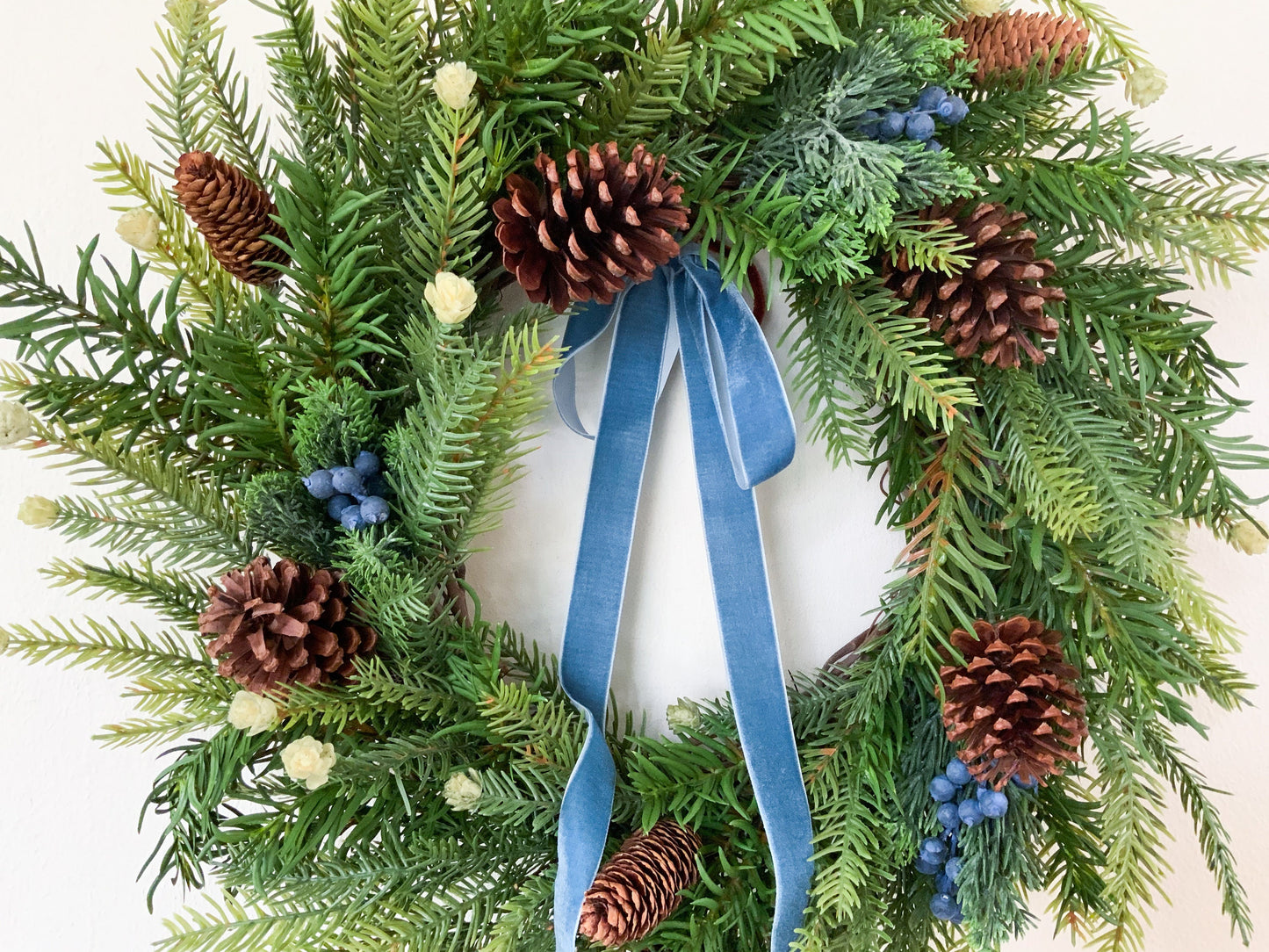 Classic Christmas Wreath w/ Blue Berries and Velvet Ribbon, Rustic Winter Evergreen Wreath w/ Pine for Front Door, Seasonal Home Decor,