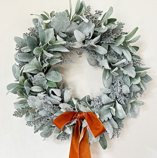Lambs Ear Wreath with Velvet Bow, Year Round Welcome Wreath w/ Rust Velvet Ribbon, Everyday Wreath for Front Door, Seasonal Holiday Decor