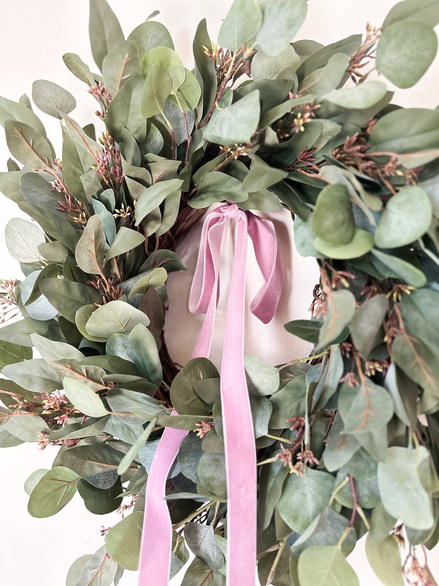 Everyday Wreath with Seeded Eucalyptus and Lavender Velvet Bow, Simple Valentine’s Day Wreath, Elegant Year Round Wreath, Spring and Summer