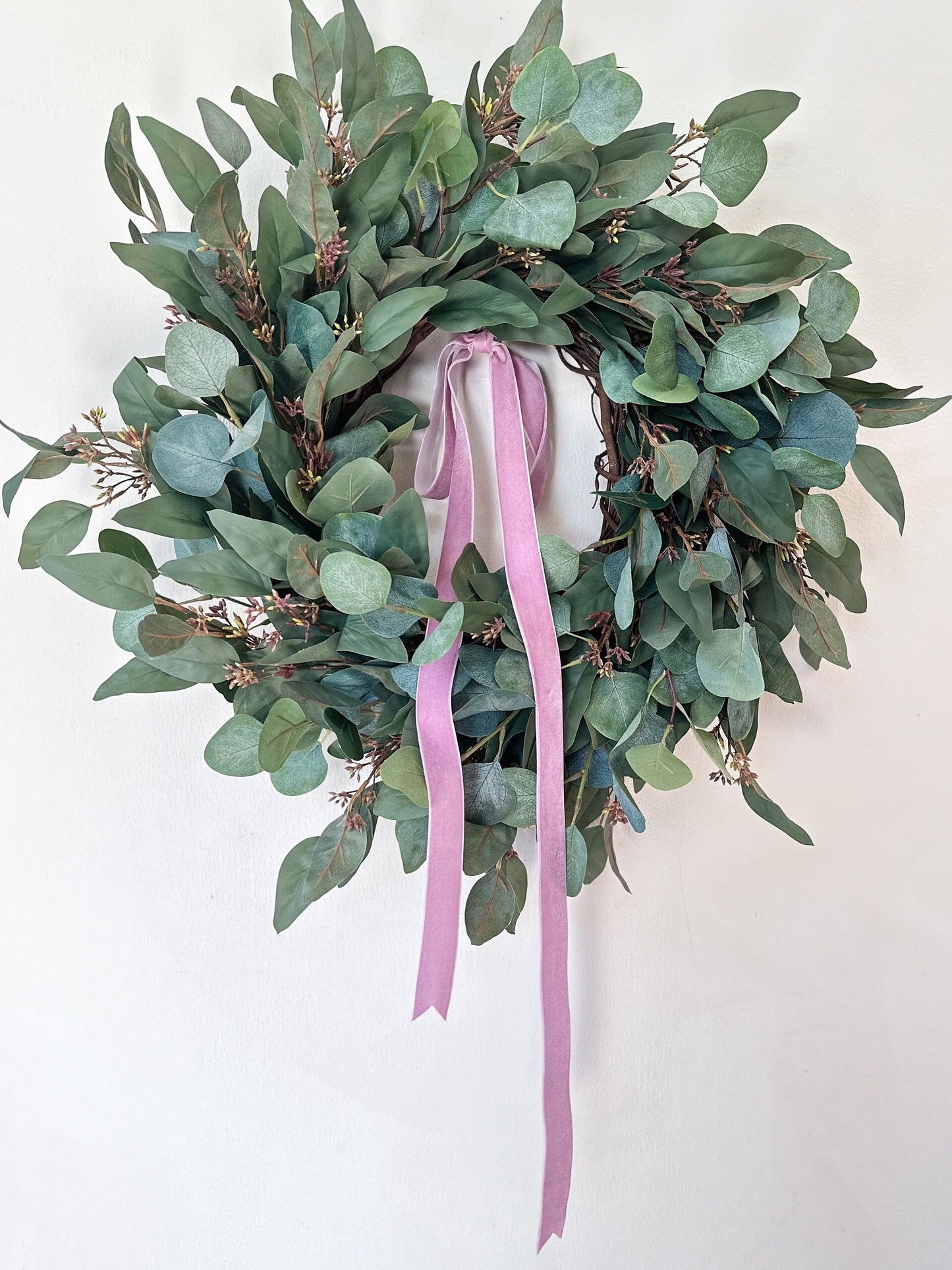 Everyday Wreath with Seeded Eucalyptus and Lavender Velvet Bow, Simple Valentine’s Day Wreath, Elegant Year Round Wreath, Spring and Summer
